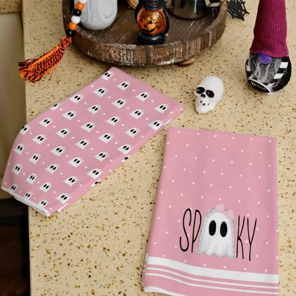 ARKENY Halloween Kitchen Dish Towels Set of 2Pink Ghost Bowknot 18x26 Inch Drying DishclothFarmhouse Home Decoration AD112Pink