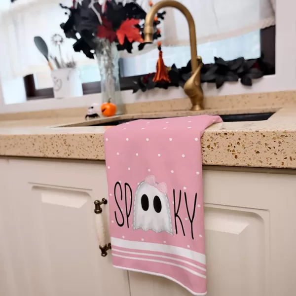 ARKENY Halloween Kitchen Dish Towels Set of 2Pink Ghost Bowknot 18x26 Inch Drying DishclothFarmhouse Home Decoration AD112Pink