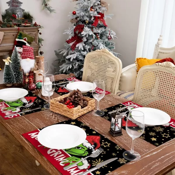 ARKENY Merry Christmas Placemats 12x18 Inches Set of 4Star Snowflake Winter Seasonal Burlap Black Farmhouse Indoor Kitchen Dining Table Holiday Decoration for Home Party AP46518Black Placemats Set of 4  12X18