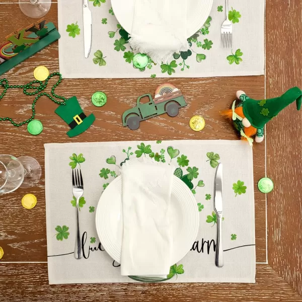 ARKENY St Patricks Day Placemats 12x18 Inches Set of 4 Shamrock Lucky Vase Spring Seasonal Farmhouse Buffalo Plaid Burlap Indoor Kitchen Dining Table Mats Decorations for Home Party AP3874Green Placemats Set of 4  12X18