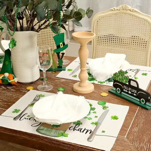 ARKENY St Patricks Day Placemats 12x18 Inches Set of 4 Shamrock Lucky Vase Spring Seasonal Farmhouse Buffalo Plaid Burlap Indoor Kitchen Dining Table Mats Decorations for Home Party AP3874Green Placemats Set of 4  12X18