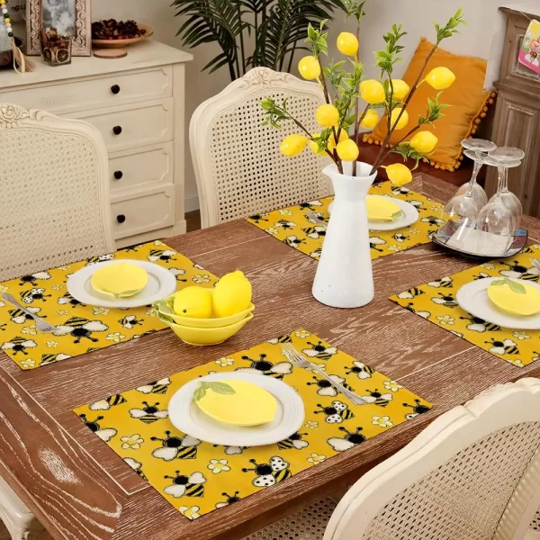 ARKENY Summer Placemats 12x18 Inches Set of 4 Bee Flower Yellow Seasonal Farmhouse Burlap Indoor Kitchen Anniversary Dining Table Mats Decor for Home Party AP6044Yellow