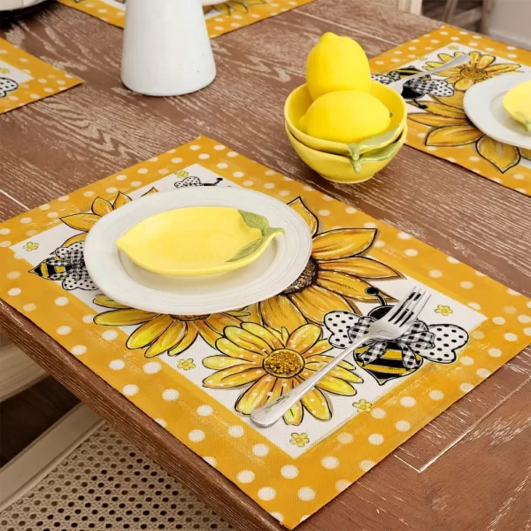 ARKENY Summer Placemats 12x18 Inches Set of 4 Sunflower Bee Yellow Seasonal Farmhouse Polka Dot Burlap Indoor Kitchen Anniversary Dining Table Mats Decor for Home Party AP6114Yellow