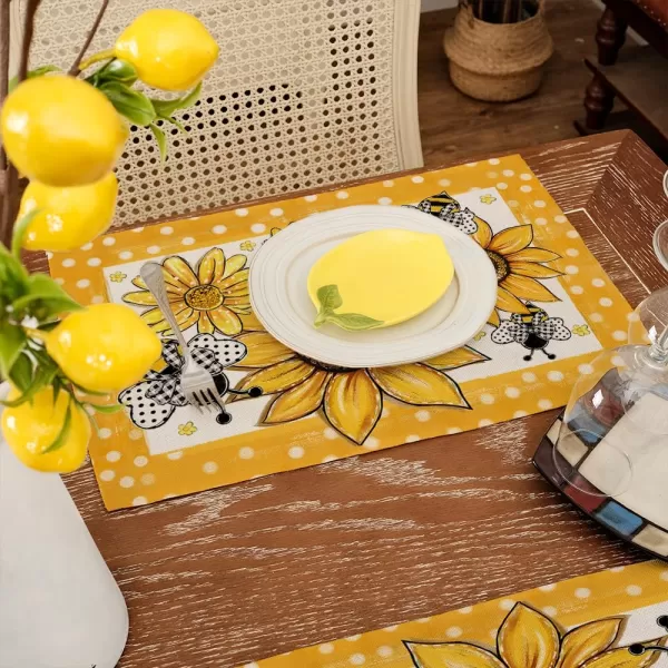 ARKENY Summer Placemats 12x18 Inches Set of 4 Sunflower Bee Yellow Seasonal Farmhouse Polka Dot Burlap Indoor Kitchen Anniversary Dining Table Mats Decor for Home Party AP6114Yellow