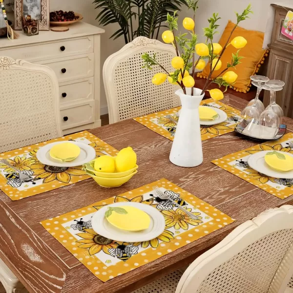 ARKENY Summer Placemats 12x18 Inches Set of 4 Sunflower Bee Yellow Seasonal Farmhouse Polka Dot Burlap Indoor Kitchen Anniversary Dining Table Mats Decor for Home Party AP6114Yellow