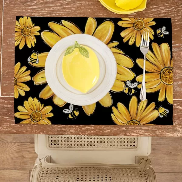 ARKENY Summer Placemats 12x18 Inches Set of 4 Sunflower Yellow Bee Seasonal Farmhouse Black Burlap Indoor Kitchen Anniversary Dining Table Mats Decor for Home Party AP6034Black