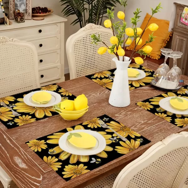 ARKENY Summer Placemats 12x18 Inches Set of 4 Sunflower Yellow Bee Seasonal Farmhouse Black Burlap Indoor Kitchen Anniversary Dining Table Mats Decor for Home Party AP6034Black