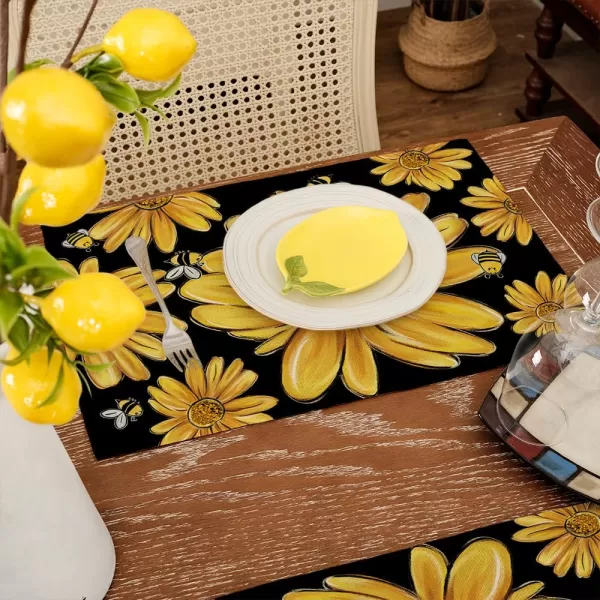 ARKENY Summer Placemats 12x18 Inches Set of 4 Sunflower Yellow Bee Seasonal Farmhouse Black Burlap Indoor Kitchen Anniversary Dining Table Mats Decor for Home Party AP6034Black