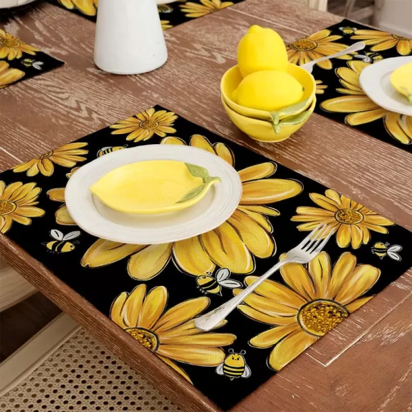 ARKENY Summer Placemats 12x18 Inches Set of 4 Sunflower Yellow Bee Seasonal Farmhouse Black Burlap Indoor Kitchen Anniversary Dining Table Mats Decor for Home Party AP6034Black