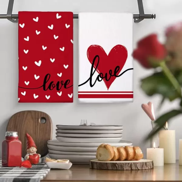 ARKENY Valentine Day Kitchen Towels Red Heart Dish Towels 18x26 Inch Ultra Absorbent Wedding Drying Cloth Love Sign Hand Towel for Valentine Decorations Set of 2Red Love