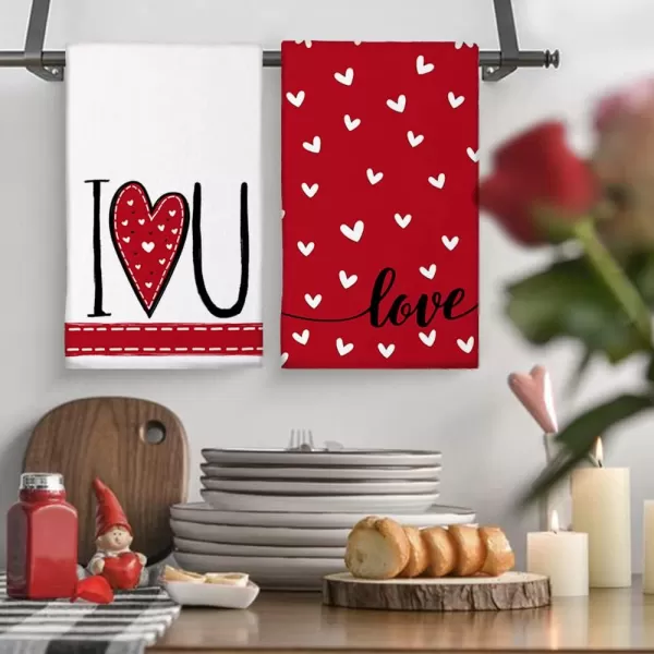 ARKENY Valentine Day Kitchen Towels Red Heart Dish Towels 18x26 Inch Ultra Absorbent Wedding Drying Cloth Love Sign Hand Towel for Valentine Decorations Set of 2Red I Love U