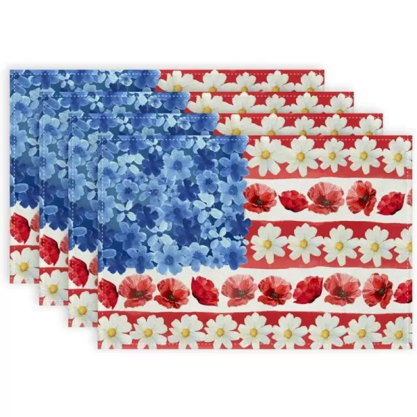 ARKENY 4th of July Memorial Day Placemats 12x18 Inches Set of 4 American Flag Floral Holiday Farmhouse Red Blue Burlap Indoor Patriotic Independence Table Mats Decor for Home Party AP6174Red