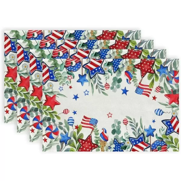 ARKENY 4th of July Memorial Day Placemats 12x18 Inches Set of 4 Eucalyptus Leaves American Flag Floral Holiday Farmhouse Burlap Indoor Patriotic Independence Table Mats Decor for Home AP6154Offwhite