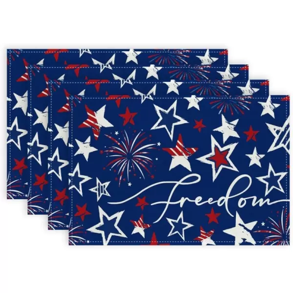 ARKENY 4th of July Memorial Day Placemats 12x18 Inches Set of 4 Freedom Stars Firework Holiday Farmhouse Burlap Indoor Patriotic Independence Table Mats Decor for Home Party AP6124Blue