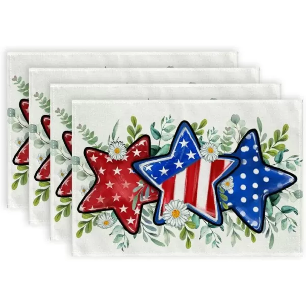 ARKENY 4th of July Memorial Day Placemats 12x18 Inches Set of 4 Star Eucalyptus Leaves American Flag Holiday Farmhouse Burlap Indoor Patriotic Independence Table Mats Decor for Home AP6144Offwhite