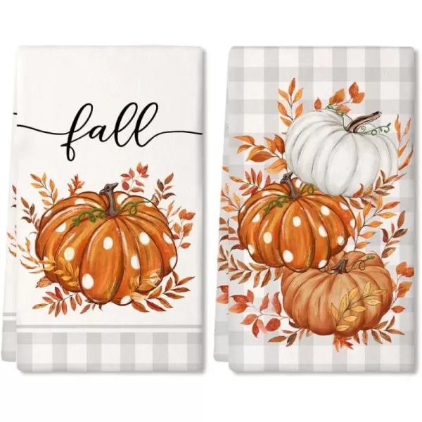 ARKENY Fall Kitchen Towels Set of 2Orange Pumpkin Eucalyptus Leaves Autumn Dish Towels 18x26 Inch Drying DishclothFarmhouse Home Decoration AD119Orange Farmhouse