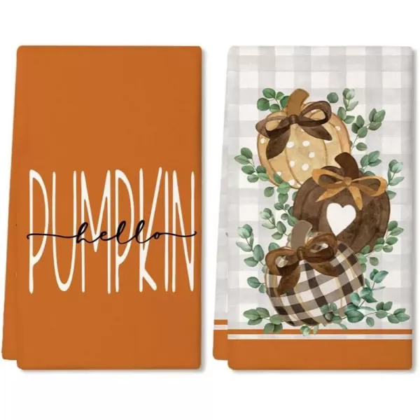 ARKENY Fall Kitchen Towels Set of 2Orange Pumpkin Eucalyptus Leaves Autumn Dish Towels 18x26 Inch Drying DishclothFarmhouse Home Decoration AD119Orange 2 Farmhouse