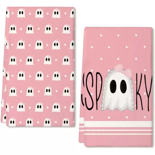 ARKENY Halloween Kitchen Dish Towels Set of 2Pink Ghost Bowknot 18x26 Inch Drying DishclothFarmhouse Home Decoration AD112Pink