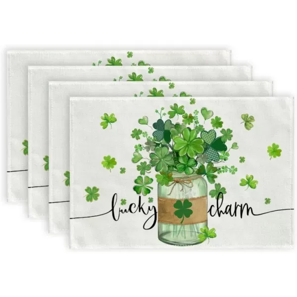 ARKENY St Patricks Day Placemats 12x18 Inches Set of 4 Shamrock Lucky Vase Spring Seasonal Farmhouse Buffalo Plaid Burlap Indoor Kitchen Dining Table Mats Decorations for Home Party AP3874Green Placemats Set of 4  12X18