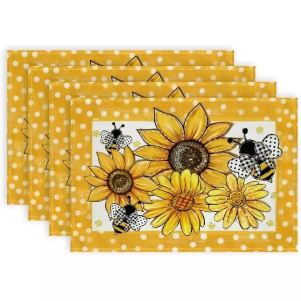 ARKENY Summer Placemats 12x18 Inches Set of 4 Sunflower Bee Yellow Seasonal Farmhouse Polka Dot Burlap Indoor Kitchen Anniversary Dining Table Mats Decor for Home Party AP6114Yellow