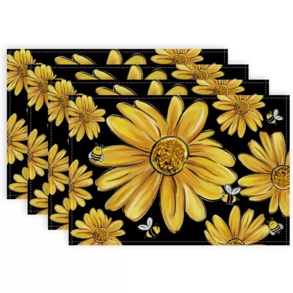 ARKENY Summer Placemats 12x18 Inches Set of 4 Sunflower Yellow Bee Seasonal Farmhouse Black Burlap Indoor Kitchen Anniversary Dining Table Mats Decor for Home Party AP6034Black