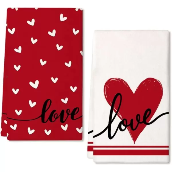 ARKENY Valentine Day Kitchen Towels Red Heart Dish Towels 18x26 Inch Ultra Absorbent Wedding Drying Cloth Love Sign Hand Towel for Valentine Decorations Set of 2Red Love