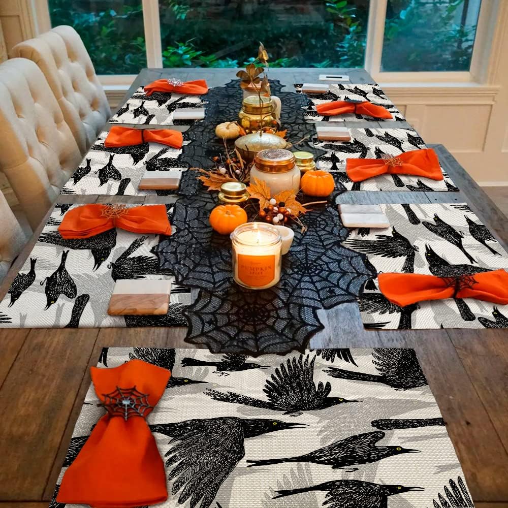 Halloween Decorations Crow Placemats 12 x 18 Inch Set of 4 Party Dcor Rustic Vintage Washable Table Mats AP178Halloween Decorations Crow Placemats 12 x 18 Inch Set of 4 Party Dcor Rustic Vintage Washable Table Mats AP178