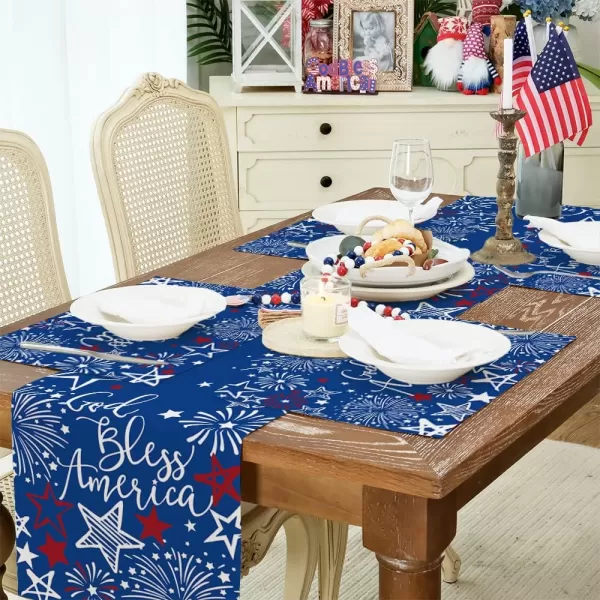 ARKENY 4th of July Decorations Star Fireworks Placemats 12x18 Inches Memorial Day Patriotic Glod Bless America Sign Place mats Independence Day Decor AP27318Muti Placemats 12X18