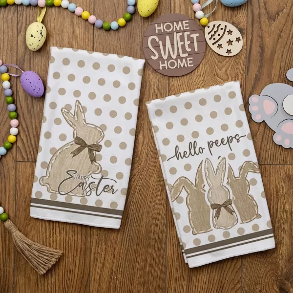 ARKENY Easter Kitchen Towels Set of 2Beige Polka Dot Bunny Hello Peeps Dish Towels 18x26 Inch Drying DishclothFarmhouse Holiday Seasonal Spring Decorations AD237Beige