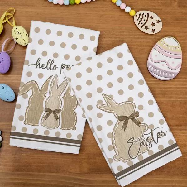 ARKENY Easter Kitchen Towels Set of 2Beige Polka Dot Bunny Hello Peeps Dish Towels 18x26 Inch Drying DishclothFarmhouse Holiday Seasonal Spring Decorations AD237Beige