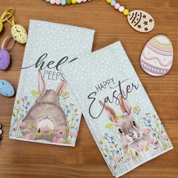 ARKENY Easter Kitchen Towels Set of 2Grey Bunny Flower Hello Peeps Dish Towels 18x26 Inch Drying DishclothFarmhouse Holiday Seasonal Spring Decorations AD235Beige