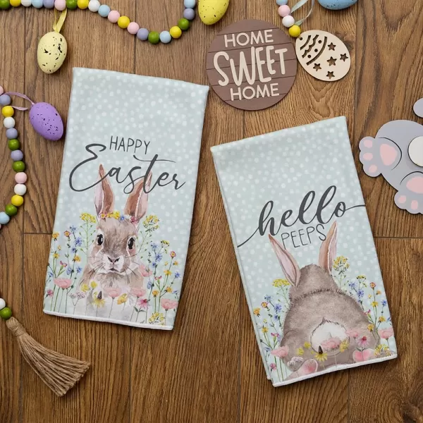 ARKENY Easter Kitchen Towels Set of 2Grey Bunny Flower Hello Peeps Dish Towels 18x26 Inch Drying DishclothFarmhouse Holiday Seasonal Spring Decorations AD235Beige
