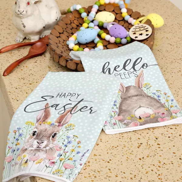ARKENY Easter Kitchen Towels Set of 2Grey Bunny Flower Hello Peeps Dish Towels 18x26 Inch Drying DishclothFarmhouse Holiday Seasonal Spring Decorations AD235Beige