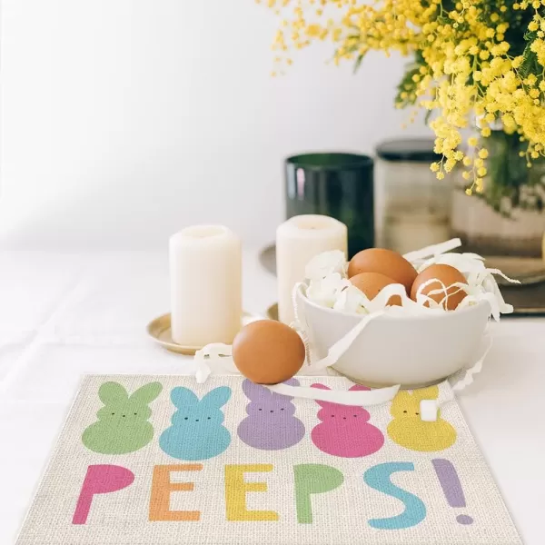 ARKENY Easter Placemats 12x18 Inches Set of 4 Bunny Rabbit Peeps Seasonal Farmhouse Burlap Indoor Kitchen Dining Table Decorations for Home Party AP04718Multicolor Placemats Set of 4  12X18