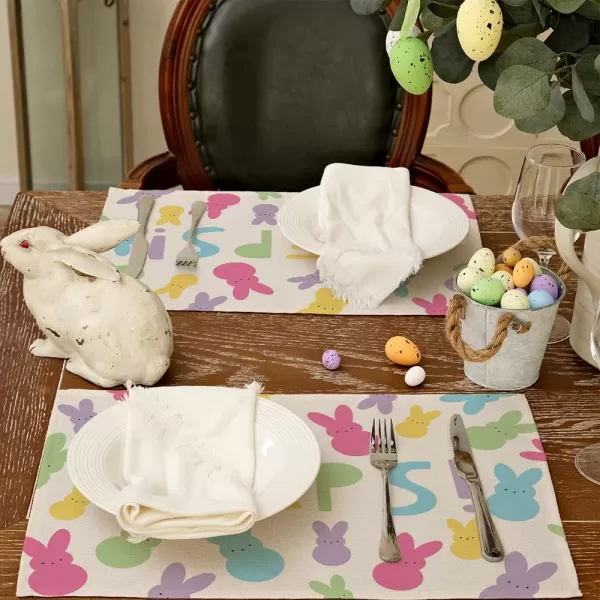 ARKENY Easter Placemats 12x18 Inches Set of 4 Bunny Rabbit Peeps Seasonal Farmhouse Burlap Indoor Kitchen Dining Table Decorations for Home Party AP51418Colorful Placemats Set of 4  12X18