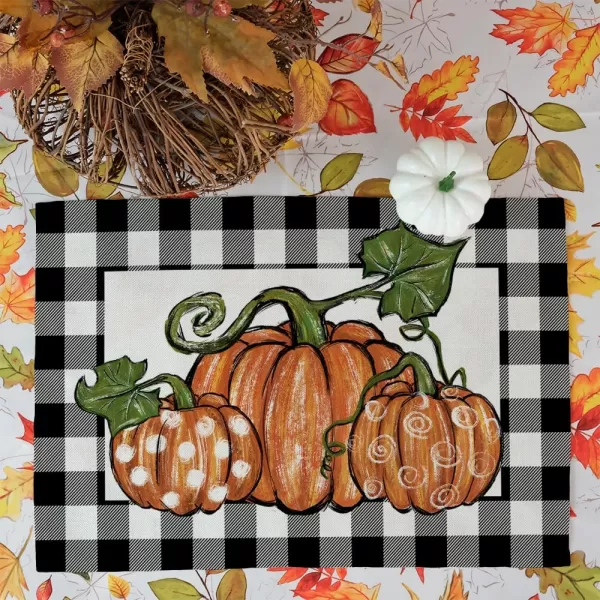 ARKENY Fall Thanksgiving Placemats 12x18 Inches Set of 4Pumpkin Polk DotSeasonal Burlap Buffalo Plaid Farmhouse Indoor Kitchen Dining Table Autumn Decorations for Home Party AP48718Buffalo Plaid Placemats Set of 4  12X18