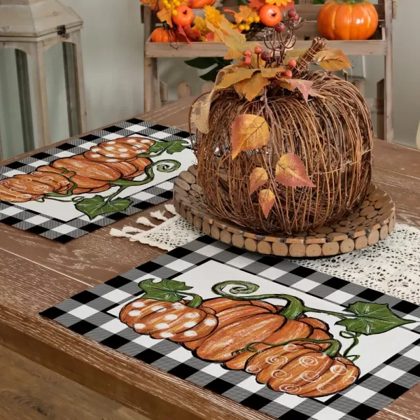 ARKENY Fall Thanksgiving Placemats 12x18 Inches Set of 4Pumpkin Polk DotSeasonal Burlap Buffalo Plaid Farmhouse Indoor Kitchen Dining Table Autumn Decorations for Home Party AP48718Buffalo Plaid Placemats Set of 4  12X18