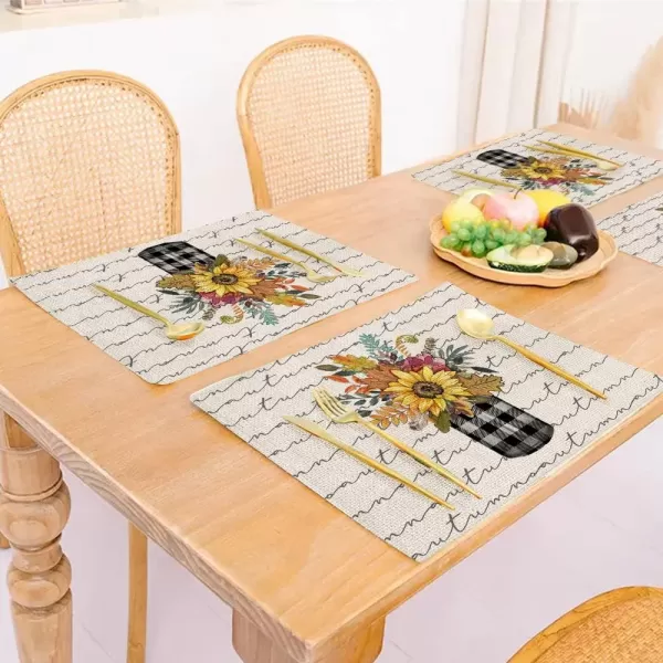 ARKENY Fall Thanksgiving Sunflower Leaf Check Mason Jar Placemats 12x18 Inches Set of 4Seasonal Burlap Farmhouse Indoor Kitchen Dining Table Decoration for Home Party AP11918ARKENY Fall Thanksgiving Sunflower Leaf Check Mason Jar Placemats 12x18 Inches Set of 4Seasonal Burlap Farmhouse Indoor Kitchen Dining Table Decoration for Home Party AP11918