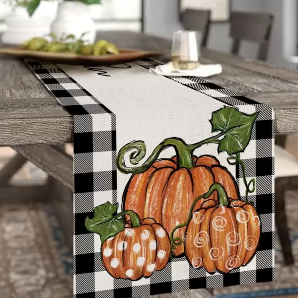 ARKENY Fall Thanksgiving Table Runner 13x72 Inches Pumpkin Seasonal Burlap Buffalo Plaid Farmhouse Indoor Autumn Table Runner for Home AT26172Orange Table runner 13X60