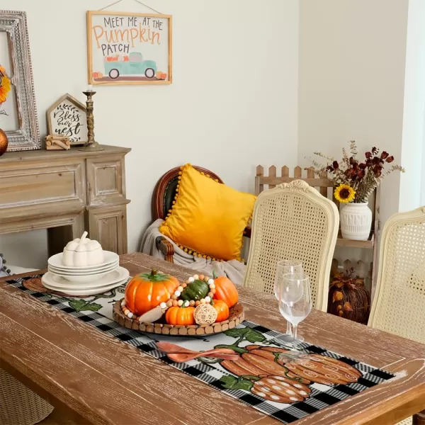 ARKENY Fall Thanksgiving Table Runner 13x72 Inches Pumpkin Seasonal Burlap Buffalo Plaid Farmhouse Indoor Autumn Table Runner for Home AT26172Orange Table runner 13X48