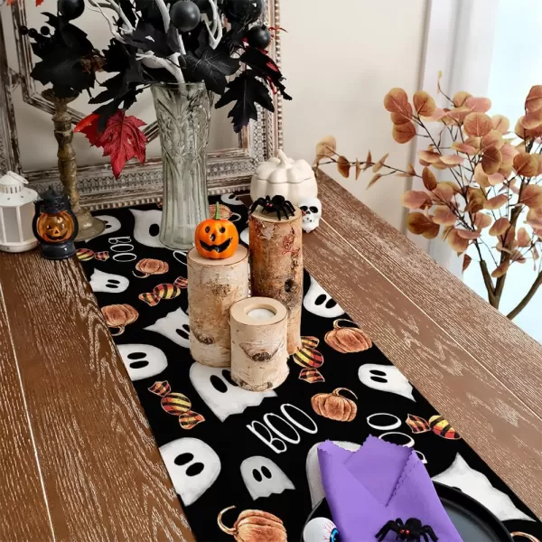 ARKENY Halloween Placemats 12x18 Inches Set of 4Spooky Ghost Seasonal Burlap Stripe Farmhouse Indoor Kitchen Dining Table Decorations for Home Party AP45518Black Table Runner  13X36