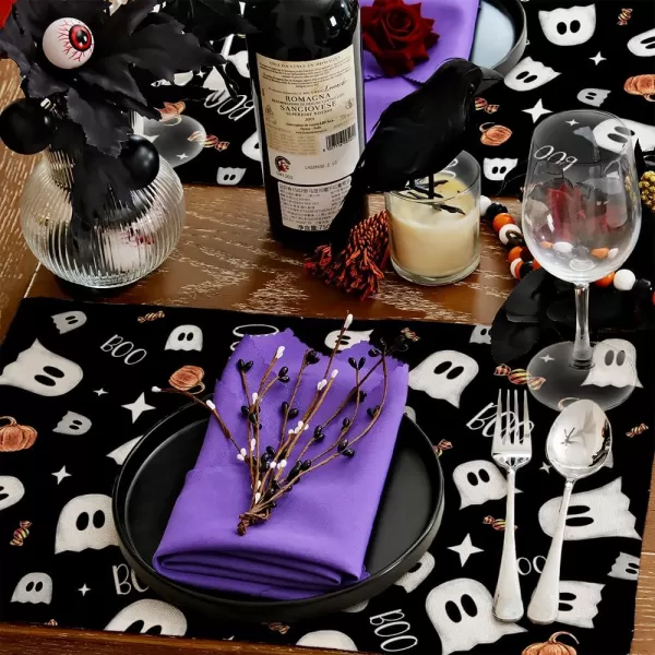 ARKENY Halloween Placemats 12x18 Inches Set of 4Spooky Ghost Seasonal Burlap Stripe Farmhouse Indoor Kitchen Dining Table Decorations for Home Party AP45518Black Placemats Set of 4  12X18