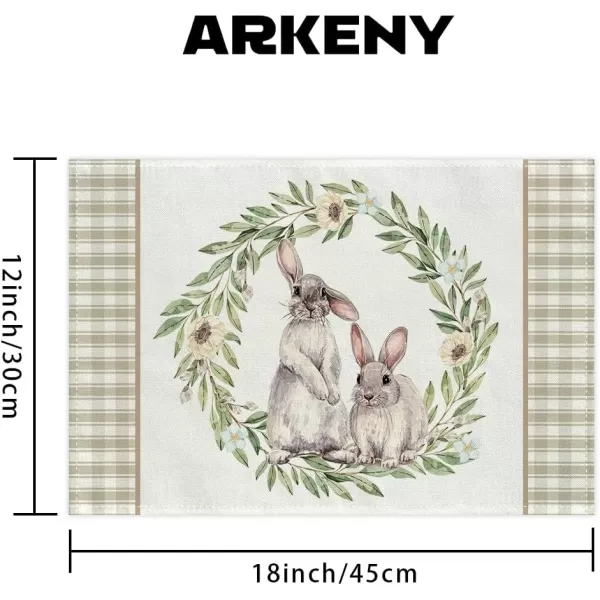 ARKENY Happy Easter Table Runner 13x72 Inches Bunny Rabbit Leaf Floral Spring Holiday Farmhouse Buffalo Plaid Burlap Indoor Table Decorations for Home AT57372Brown Placemats Set of 4  12X18