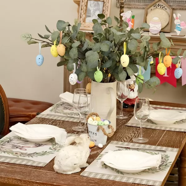 ARKENY Happy Easter Table Runner 13x72 Inches Bunny Rabbit Leaf Floral Spring Holiday Farmhouse Buffalo Plaid Burlap Indoor Table Decorations for Home AT57372Brown Placemats Set of 4  12X18