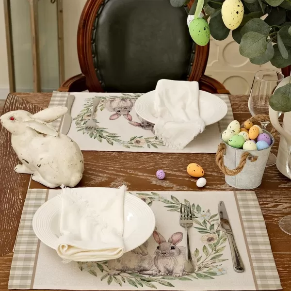 ARKENY Happy Easter Table Runner 13x72 Inches Bunny Rabbit Leaf Floral Spring Holiday Farmhouse Buffalo Plaid Burlap Indoor Table Decorations for Home AT57372Brown Placemats Set of 4  12X18