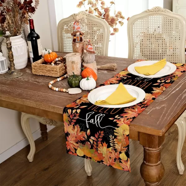 ARKENY Hello Fall Thanksgiving Table Runner 13x36 InchesMaple LeavesSeasonal Burlap Black Farmhouse Indoor Outdoor Table Autumn Runner for Home AT44536Black Table Runner  13X36