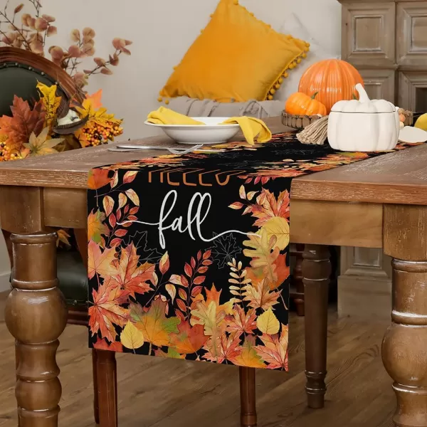 ARKENY Hello Fall Thanksgiving Table Runner 13x36 InchesMaple LeavesSeasonal Burlap Black Farmhouse Indoor Outdoor Table Autumn Runner for Home AT44536Black Table Runner  13X120