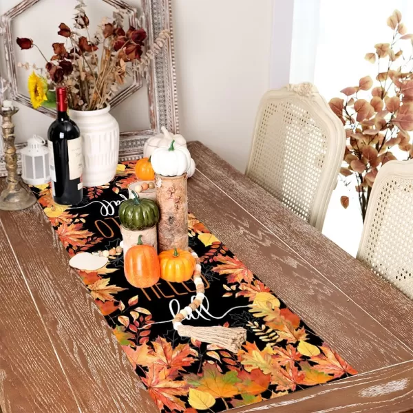 ARKENY Hello Fall Thanksgiving Table Runner 13x36 InchesMaple LeavesSeasonal Burlap Black Farmhouse Indoor Outdoor Table Autumn Runner for Home AT44536Black Table Runner  13X36