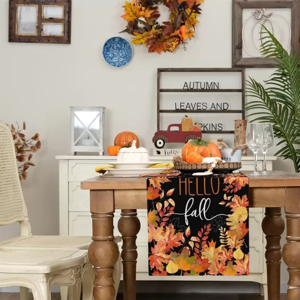 ARKENY Hello Fall Thanksgiving Table Runner 13x36 InchesMaple LeavesSeasonal Burlap Black Farmhouse Indoor Outdoor Table Autumn Runner for Home AT44536Black Table Runner  13X90