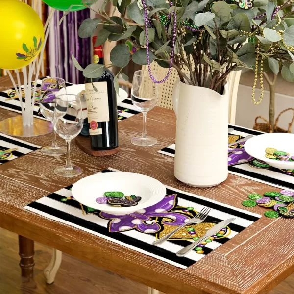 ARKENY Mardi Gras Carnival Placemats 12x18 Inches Set of 4 Fleur De Lis Seasonal Farmhouse Burlap Stripe Indoor Kitchen Dining Table Decorations for Home Party AP35518Purple Placemats Set of 4  12X18